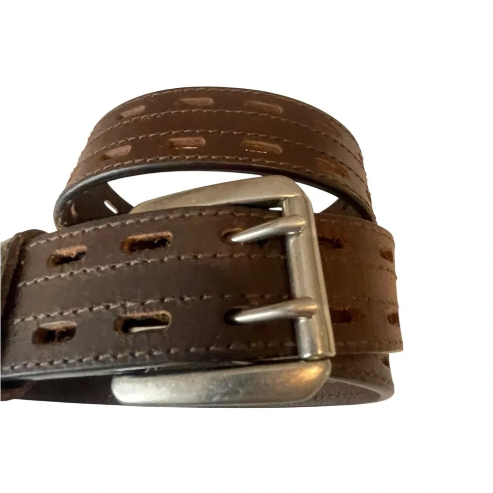 VTG 70s Brown Leather Belt Double Prong Silver Roller Buckle Adjustable Hippie